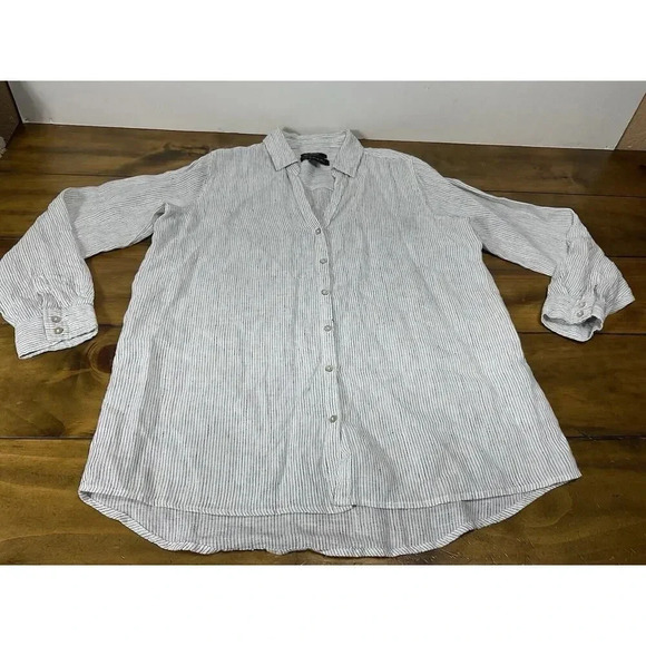 TAHARI Size Medium Black Striped 100% LINEN Button Front Top Women’s - Picture 1 of 10